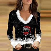 Pull de Noël Mirelle femme – tricot V-neck imprimé & col fluffy