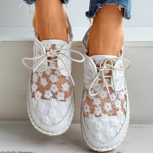 Chaussures casual femmes — low lace brodées florales légères & élégantes