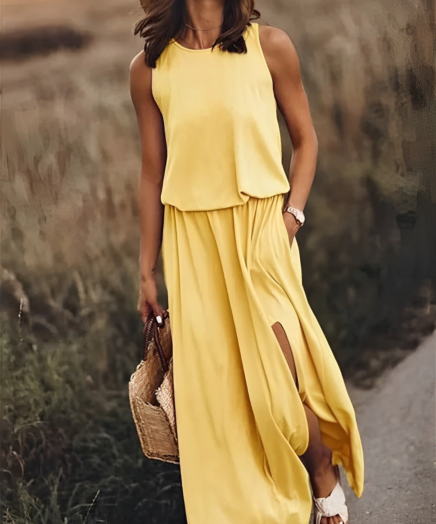 Robe longue boho blanche femme — maxi robe soirée sans manches avec fente élégante