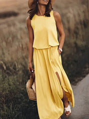 Robe longue boho blanche femme — maxi robe soirée sans manches avec fente élégante