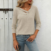 Blouse femme casual unie col V boutonné – Manches longues élégantes
