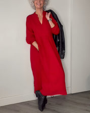Robe longue femme Amanda – robe élégante à col en V et manches longues pour l’hiver