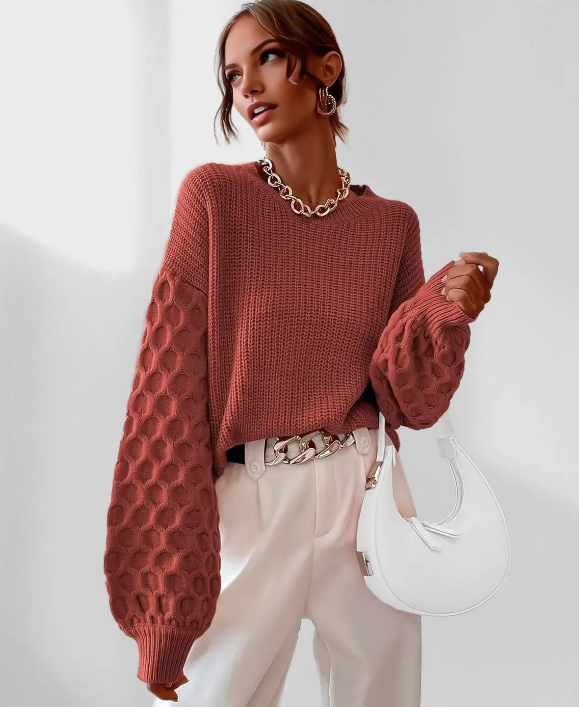 Pull Femme Automne Maura – Tricot Doux avec Manches Texturées & Coupe Confortable