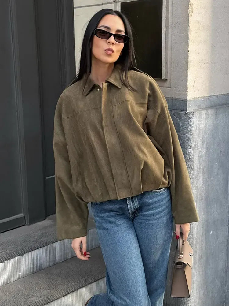 Veste femme effet suédine – Coupe décontractée & col chemise tendance
