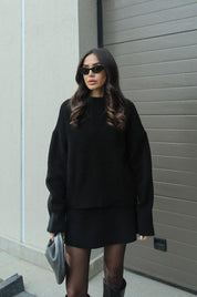 Ensemble Femme Automne-Hiver – Pull Oversize & Jupe Coordonnée Bordeaux