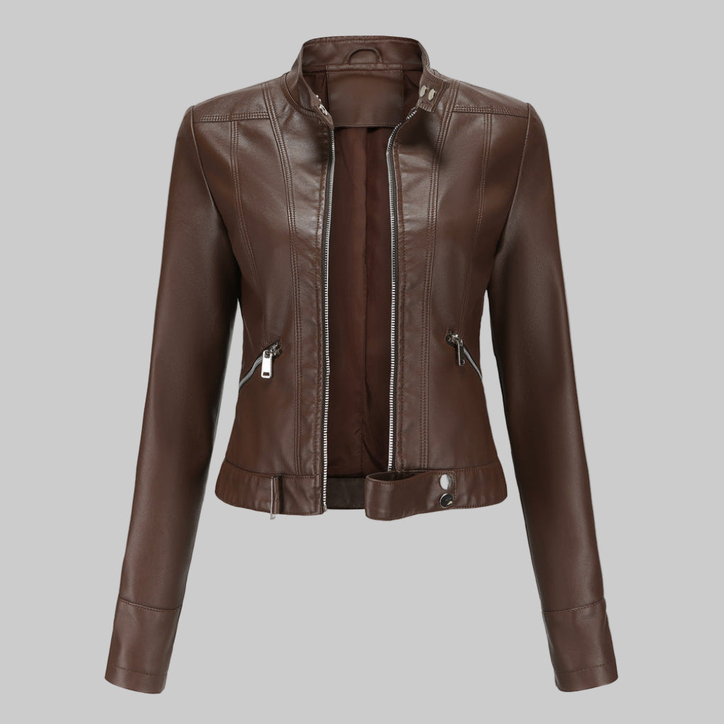 Veste en cuir femme – blouson élégant avec col montant et fermeture zippée