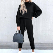 Ensemble loungewear femme – Tenue maison douce avec col roulé & pantalon taille haute
